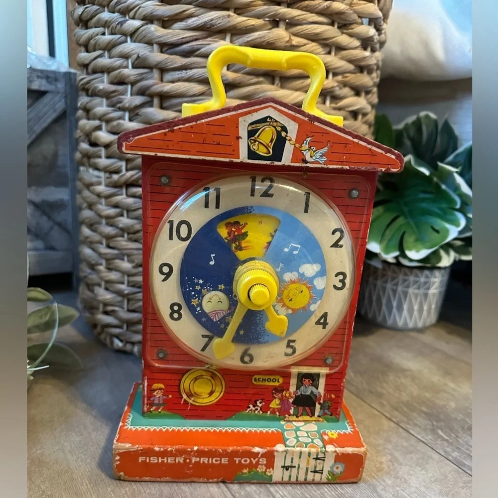 Vintage 1960s Fisher-Price Children’s Toy Red Yellow Music Box Teaching Clock